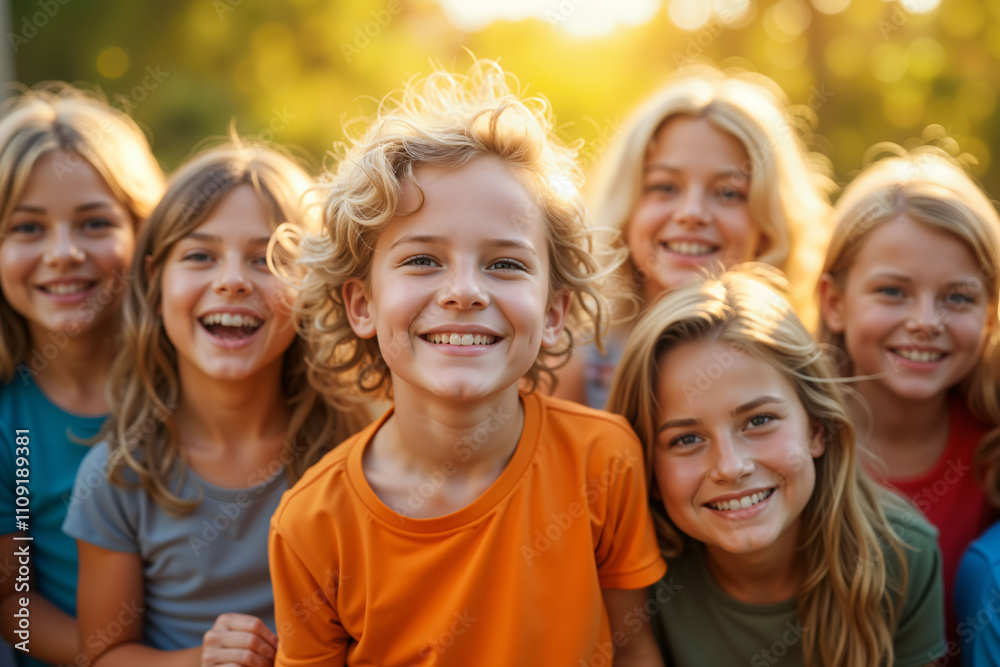 Fototapeta premium A group of children, with a boy in an orange shirt at the center, smiling and laughing together outdoors during sunset.