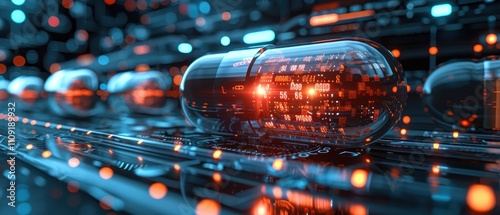 A futuristic digital capsule embedded in a vibrant, glowing network of circuits, symbolizing advanced technology and healthcare.