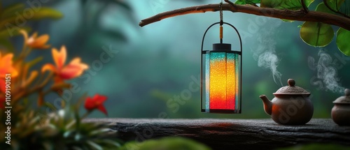 [Festive Gatherings Cultural Warmth Togetherness] Serene Nighttime Teahouse Oasis with Lantern Glow and Peaceful Bird Scene amidst Lush Foliage & Distant Mountains photo