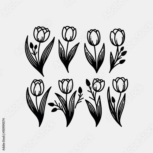 Set of hand drawn Tulip Flower outline vector illustration silhouettes