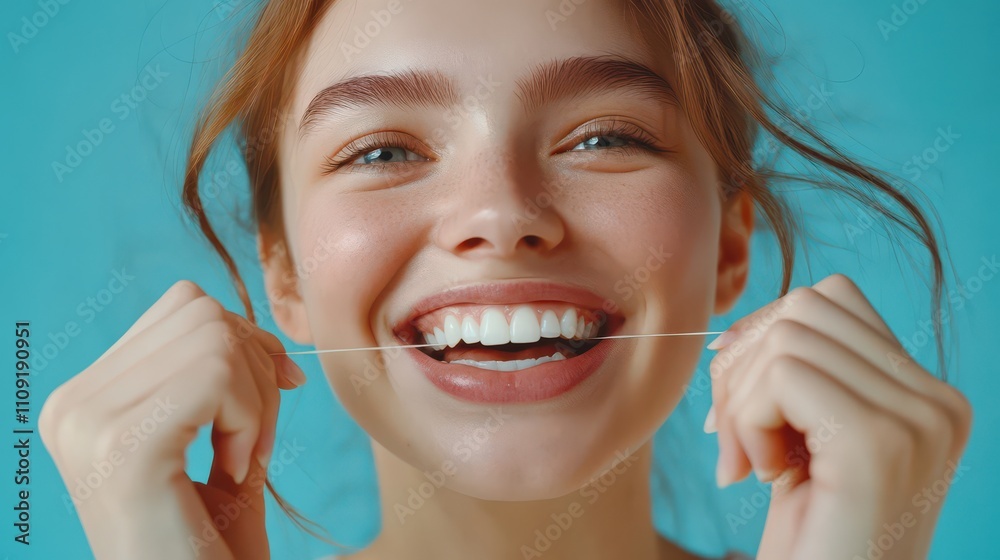 Happy Young Woman Smiling While Flossing Teeth Happy Young Woman Smiling While Flossing Teeth
