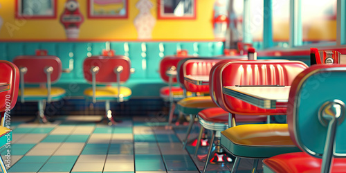 Retro Diner: Retro diner colors like cherry red, turquoise, and mustard yellow create a nostalgic diner theme. This scheme is often used in diner branding, retro diner advertisements photo