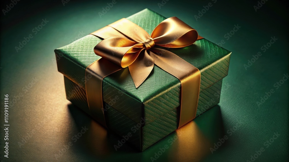 A luxuriously wrapped emerald green gift box adorned with a golden satin bow, symbolizing a moment of celebration and anticipation.