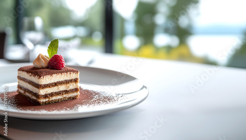 Creative food concept. Slice of raspberry Tiramisu pastry cake dessert with mascarpone cream and flavoured with cocoa powder with outdoor seaside scenery setting. copy text space. banner wallpaper photo