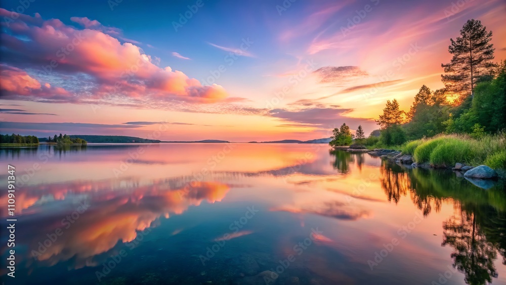 Serene Dreamy Calm Pastel Pink Sunset Over Tranquil Waters: A Captivating Reflection of Nature's Beauty at Dusk in a Peaceful Lake or Sea Setting Serene Dreamy Calm Pastel Pink Sunset Over Tranquil Waters: A Captivating Reflection of Nature's Beauty at Dusk in a Peaceful Lake or Sea Setting