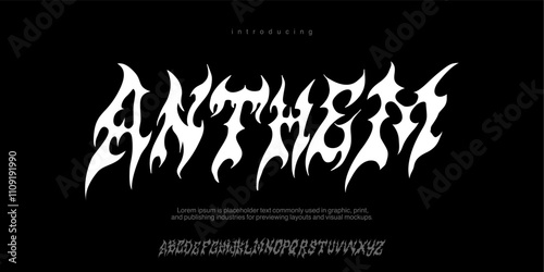 Font the Athem is Gothic horn font, medieval dark y2k alphabet, letter typography print, dark vintage scary typeface. Rock sign, handwritten graffiti, hardcore calligraphy. Gothic font design Band 
