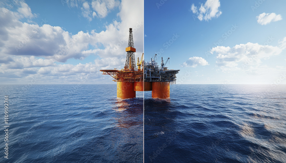 Obraz premium Oil rig platform in ocean under blue sky with clouds, showcasing industrial engineering and marine environment