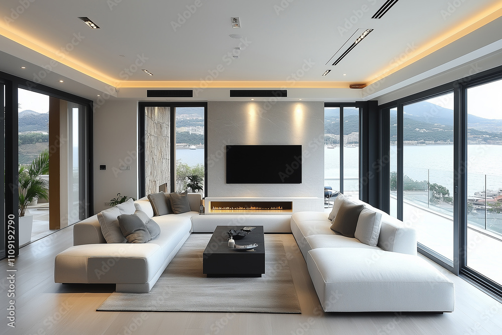 Fototapeta premium Modern living room featuring a clean white sofa and monochrome decor with a scenic view