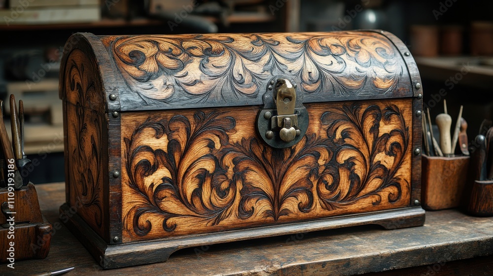 [Woodwork stains chisels tools] Ornate Wooden Chest in Workshop Setting with Intricate Carvings and Furniture Making Tools