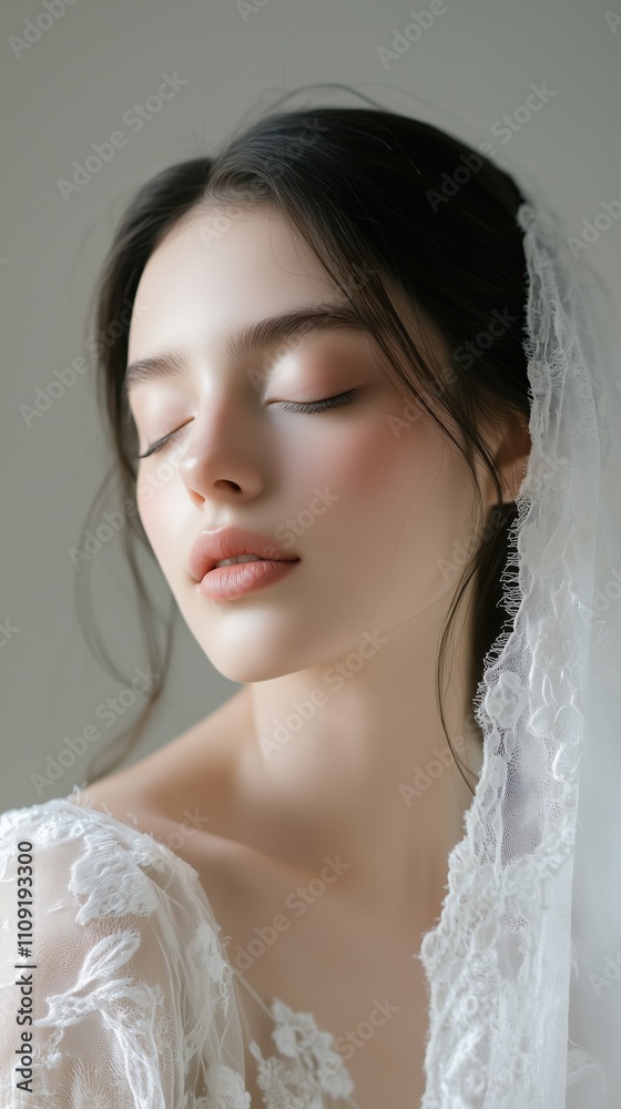 Serene bride in lace bridal veil with natural makeup and closed eyes Serene bride in lace bridal veil with natural makeup and closed eyes