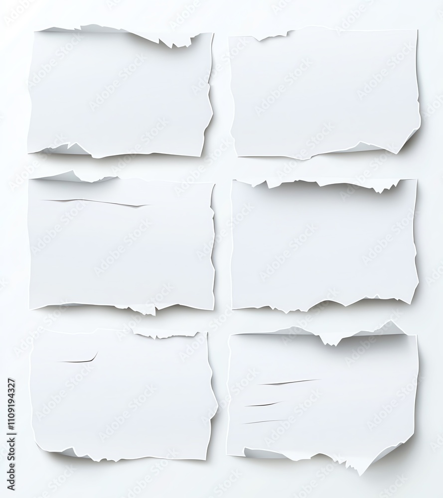Fototapeta premium A collection of six torn paper frames arranged in a grid layout, perfect for showcasing text or images in a creative design. Ideal for presentations, art projects, or scrapbooking.