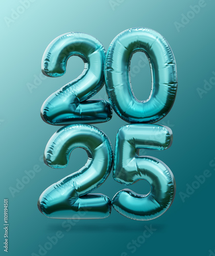 2025 green helium balloons. 2025 numbers. 3D rendering. New Year symbol.