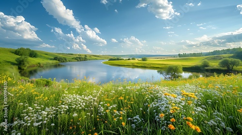 Beautiful summer or spring panoramic rural landscape with calm river and green hills with blooming wild flowers and trees at sunny summer day.River Upa in Tula region,Russia. photo