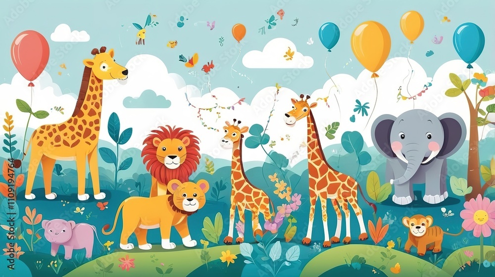 Cheerful cartoon giraffe, lion, and deer illustrations, perfect for kids' room decoration, on white background. Cheerful cartoon giraffe, lion, and deer illustrations, perfect for kids' room decoration, on white background.