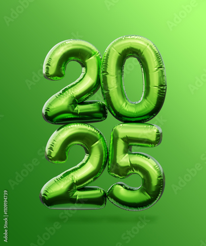 2025 green helium balloons. 3D rendering. 2025 numbers. New Year symbol.