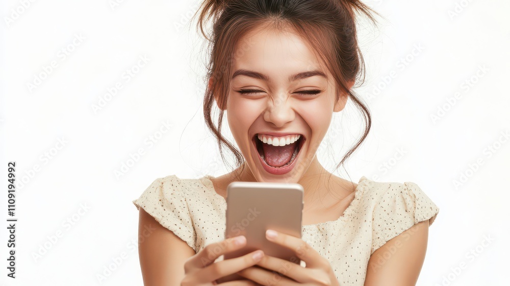 Joyful Woman Smiling While Using Smartphone Joyful Woman Smiling While Using Smartphone