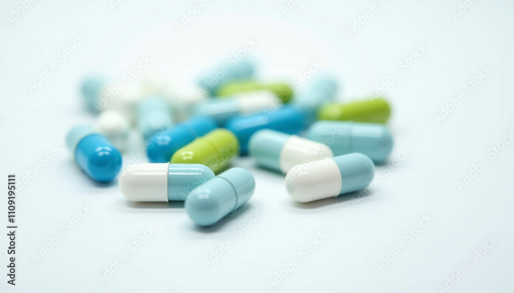 A close up shot of various pastel colored capsules scattered on a white surface. A close up shot of various pastel colored capsules scattered on a white surface.