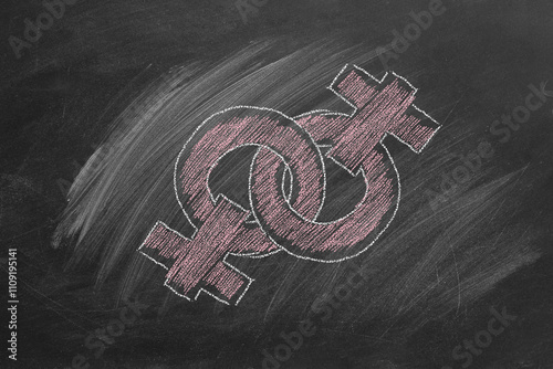 Two female gender symbols, sketched with pink chalk, overlap on a dark classroom chalkboard. LGBT concept