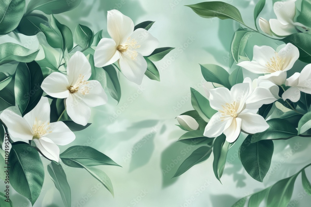 Fototapeta premium Elegant White Blossoms and Lush Green Leaves - Elegant white flowers, lush green leaves, serene nature, tranquility, springtime. Beautiful botanical illustration perfect for spring designs.