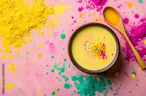 Holi kheer with colorful powder and traditional decor on table photo