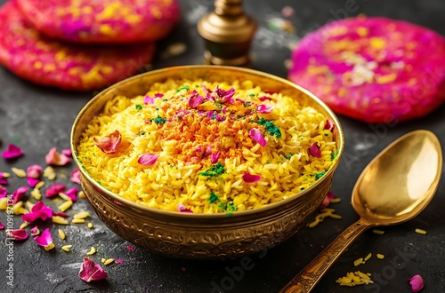 Holi kheer with colorful powder and traditional decor on table photo