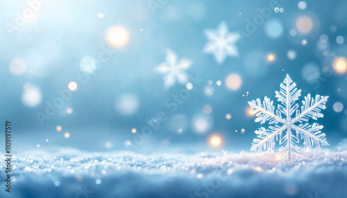 Beautiful close-up of a snowflake shining on a snowy landscape with soft blue background illuminated by blurred light particles during winter