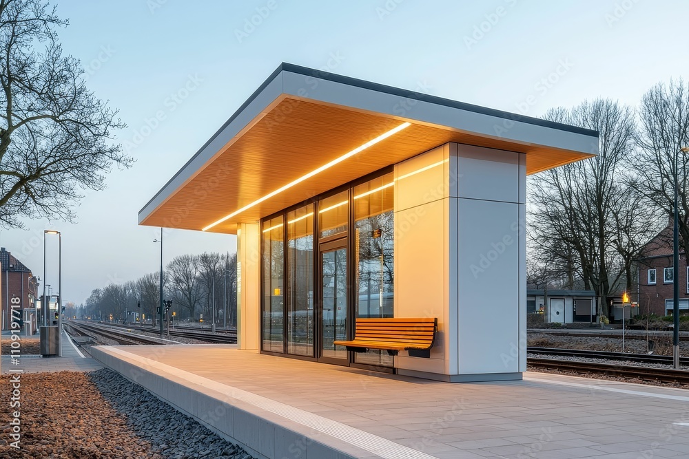 Fototapeta premium Modern train station built from prefabricated steel and glass segments, infrastructure innovation, elegant and efficient design
