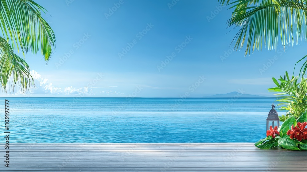 Naklejka premium Serene tropical ocean view with vibrant greenery.