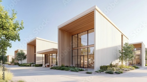 construction technology infrastructure prefabrication concept, Modern architectural buildings with wooden facades and large glass windows, surrounded by greenery under a clear blue sky.