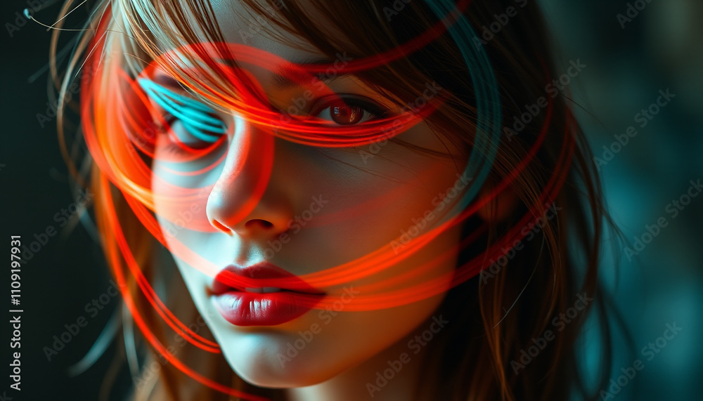 Naklejka premium Portrait of a woman with flowing red lighting and soft highlights, blending art and motion