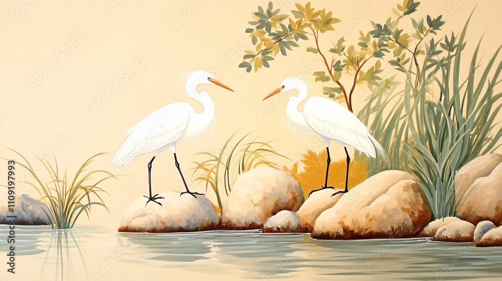Obraz premium Idyllic Riverside Scene with Egrets Wading in Shallow Waters in Oriental Style