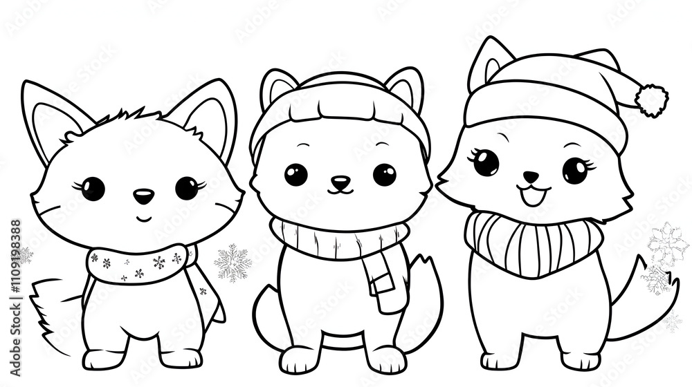 Obraz premium Three cute cartoon animals dressed warmly for winter, featuring a fox, cat, and dog, celebrating the cozy season with scarves and hats.