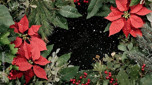 Festive Holiday Decor with Poinsettias and Pine Cones on a Dark Background