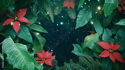 Festive Holiday Decor with Poinsettias and Pine Cones on a Dark Background