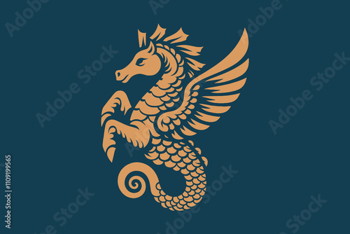 Sea horse. Hippocampus Mythical creature. Ancient vector illustration, emblem, logo, print. Gold on blue