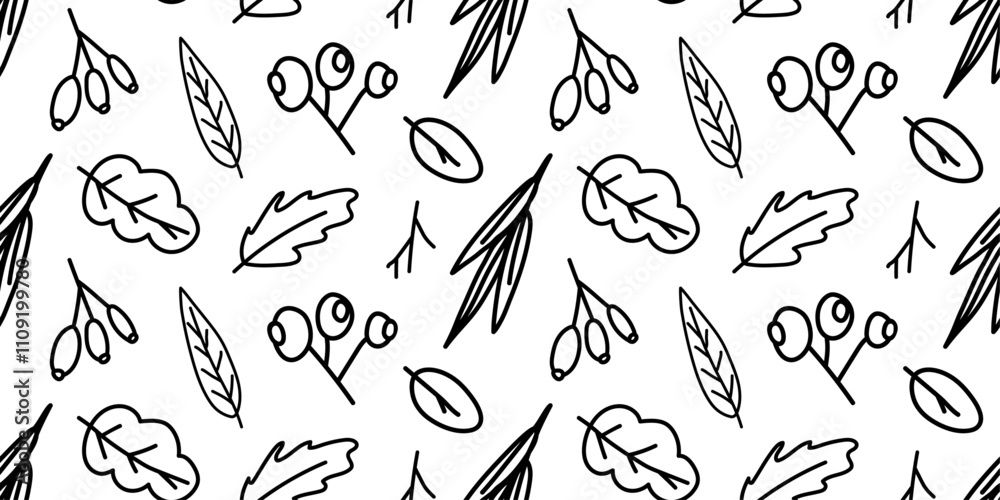 Obraz premium Seamless pattern with hand drawn berries and herbs.