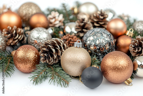 Christmas decoration background with pine branches, ornaments, and pine cones. Xmas card background. Winter holiday and New Year concept. AI generated