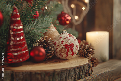 Christmas decoration background. bauble ornament, pine cones, and pine branches in a wooden background.Winter holiday and New Year concept. AI generated