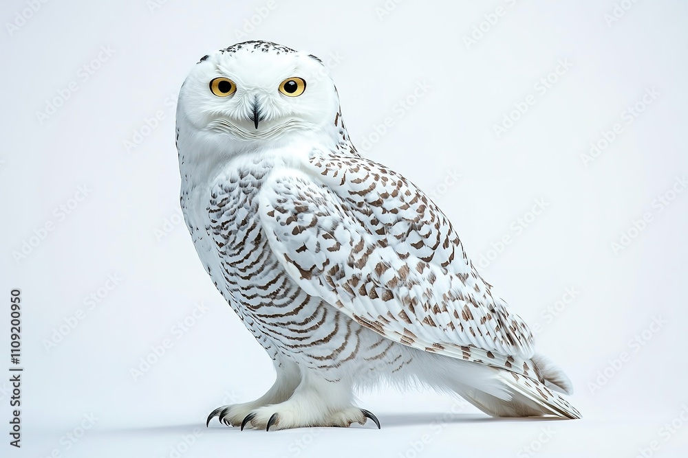 Fototapeta premium Snowy owl stands against white backdrop showcasing its plumage and intense gaze