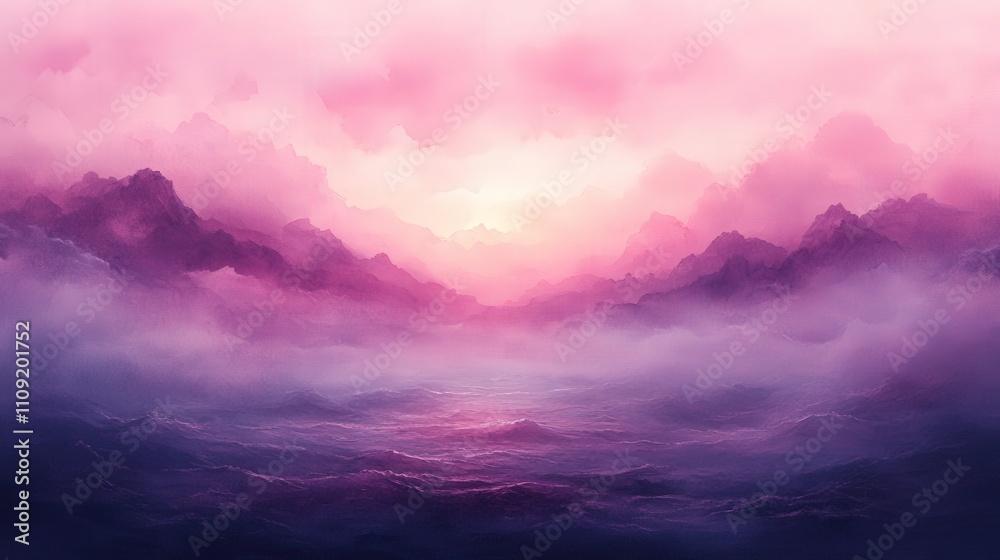 Serene Sunset Over Misty Mountains and Calm Water, Evoking Tranquility and Peacefulness in Dreamy Landscape with Soft Pink and Purple Hues Serene Sunset Over Misty Mountains and Calm Water, Evoking Tranquility and Peacefulness in Dreamy Landscape with Soft Pink and Purple Hues