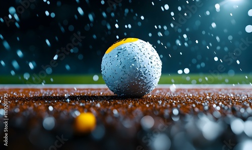 Dynamic field hockey player executing a powerful strike, ball soaring towards the goal, energy and motion captured in a thrilling moment. photo