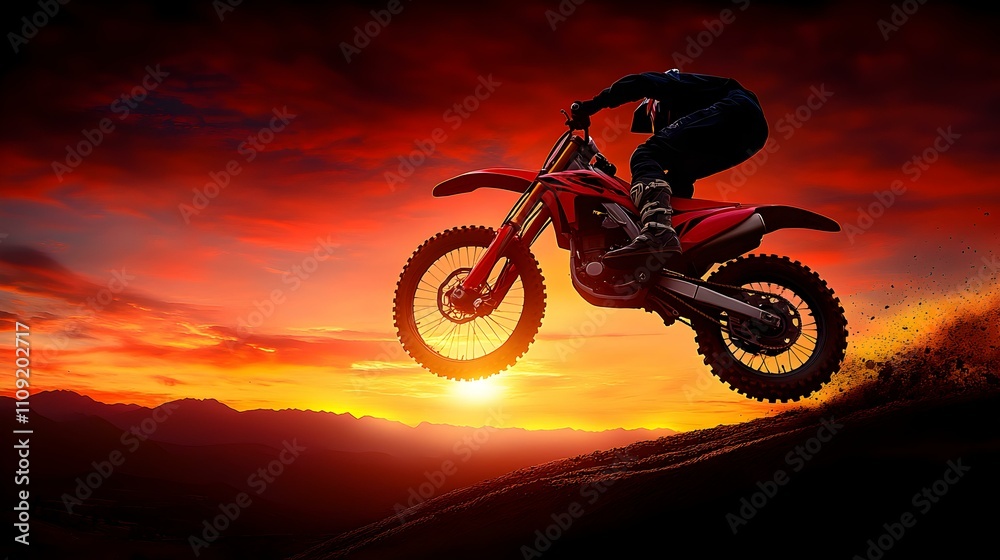 Obraz premium Motocross Rider in Mid-Air, a daring silhouette of a biker soaring above the ground, embodying adrenaline and freedom against a vivid sky.