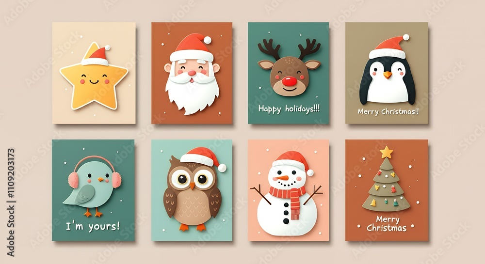 Fototapeta premium Various Christmas, New Year card and banner collection: Santa Claus, Christmas tree, snowman, reindeer, ornament, xmas elements and decorations and many more