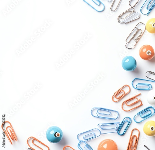 A creative composition featuring colorful paper clips and balls arranged on a clean white background, ideal for representing organization, creativity, and office supplies. photo