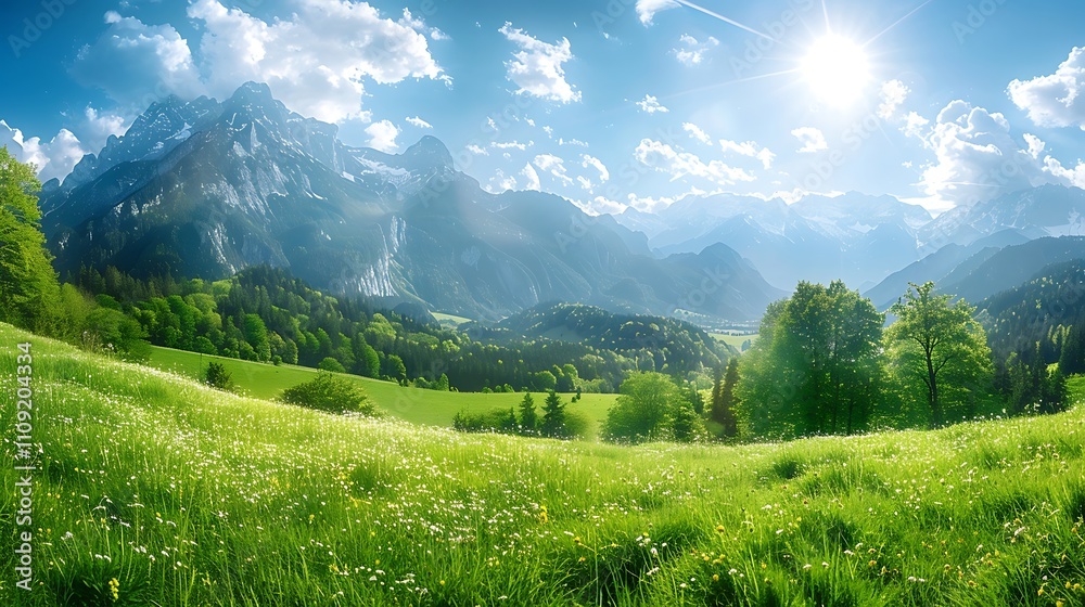 Obraz premium Panoramic view of idyllic mountain scenery in the Alps with fresh green meadows in bloom on a beautiful sunny day in springtime, National Park Berchtesgadener Land, Bavaria, Germany