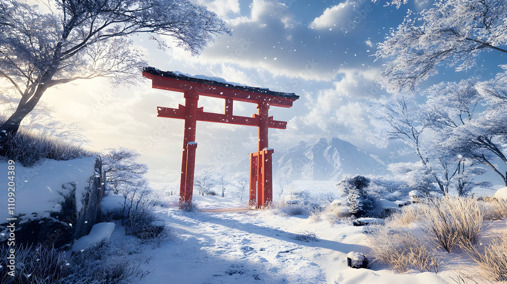 Snow-covered red torii gate in winter with peaceful surroundings Snow-covered red torii gate in winter with peaceful surroundings