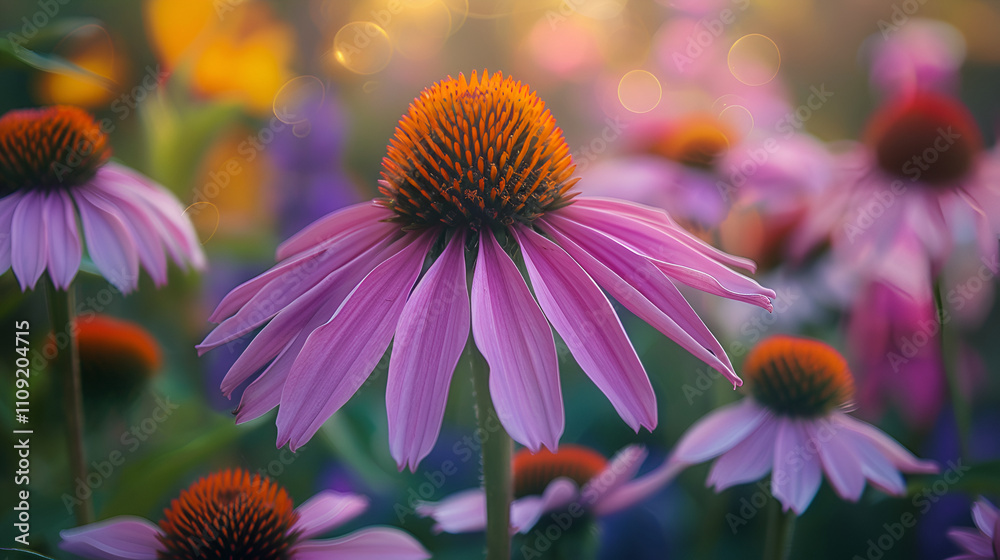 Obraz premium View of beautiful cosmos flower field in sunset time : Generative AI 