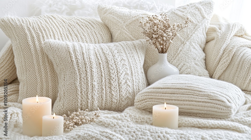Cozy home interior with knitted pillows, soft blankets, dried flower vases, and candles, perfect for decor, lifestyle, and hygge-inspired designs. Cozy home interior with knitted pillows, soft blankets, dried flower vases, and candles, perfect for decor, lifestyle, and hygge-inspired designs.