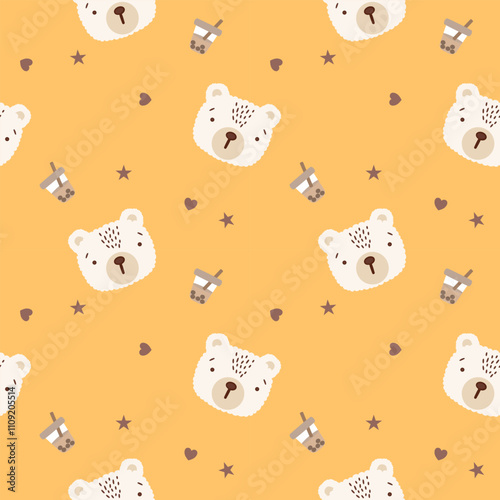 Face bear cartoon so cute. On heart star bubble tea yellow background. Pattern seamless vector illustration. 