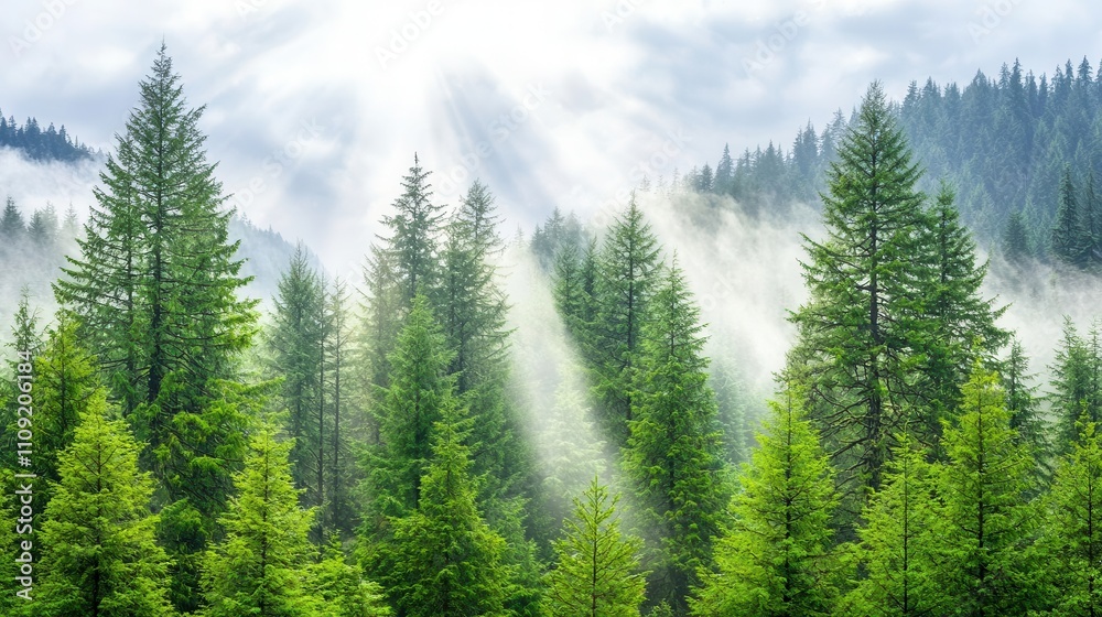 Obraz premium Lush evergreen trees in mist with sunlight filtering through the foliage.